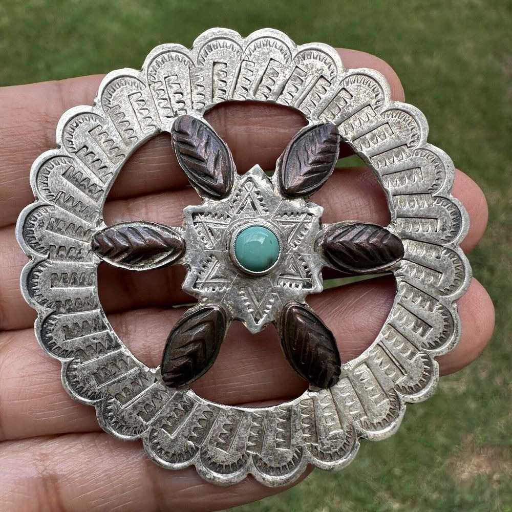 Native 1930s Brooch 2.25 Inch UITA2 Silver Copper Turquoise CG Wallace 18.6g‎